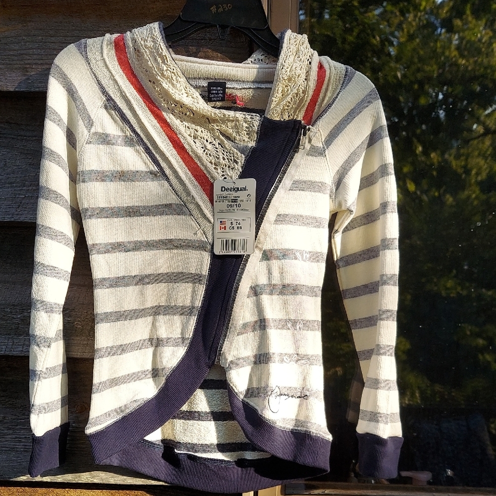 NWT Desigual Girls Striped Cardigan - Cream, Navy, and Red